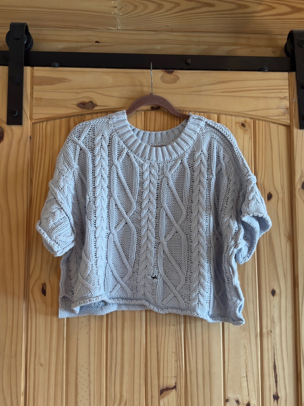 Light Blue Semi-Cropped Short Bat Sleeve Cable Knit Sweater Top